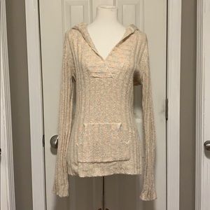 Multi colored v neck sweater with hood and pocket